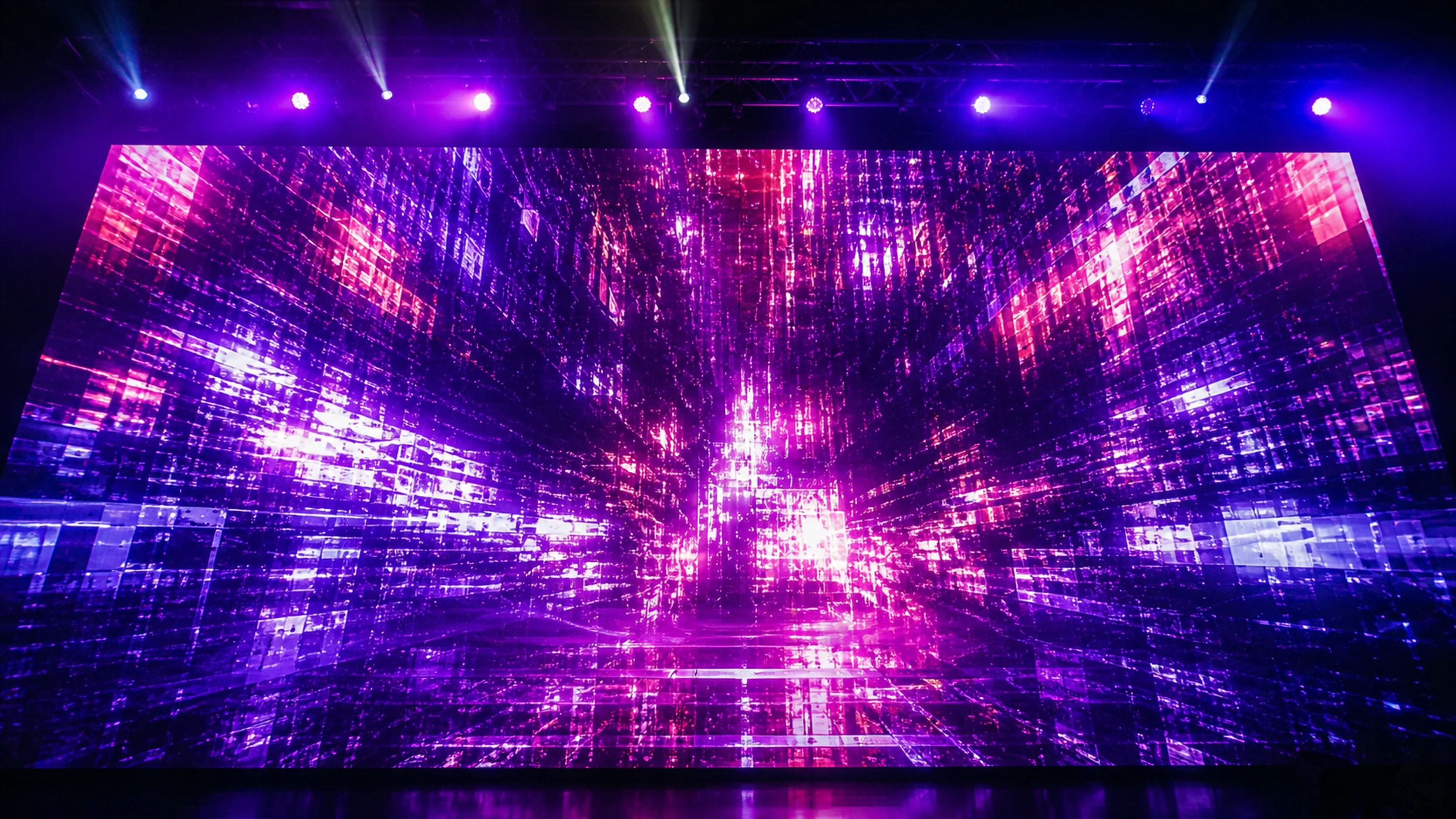Full-screen LED wall — abstract mirrored matrix visuals in magenta, violet, and white