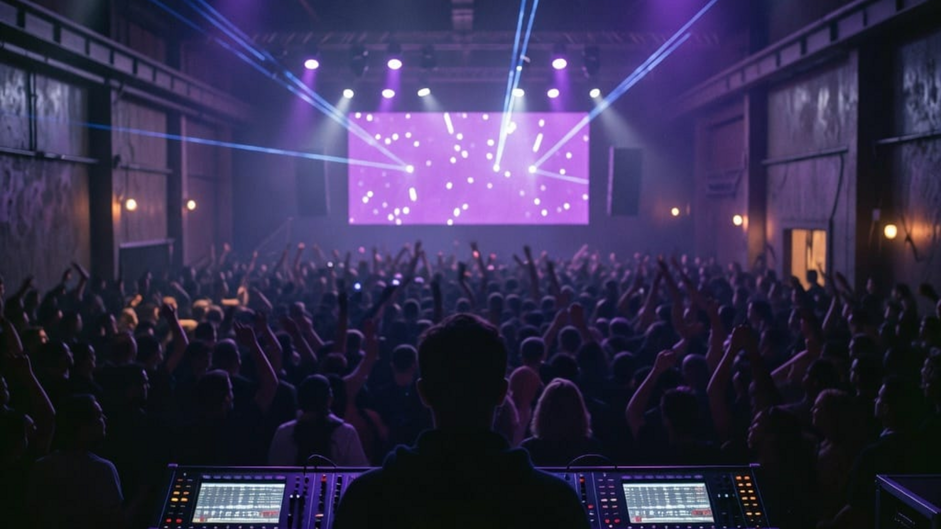 Line array hanging in violet wash with crowd below