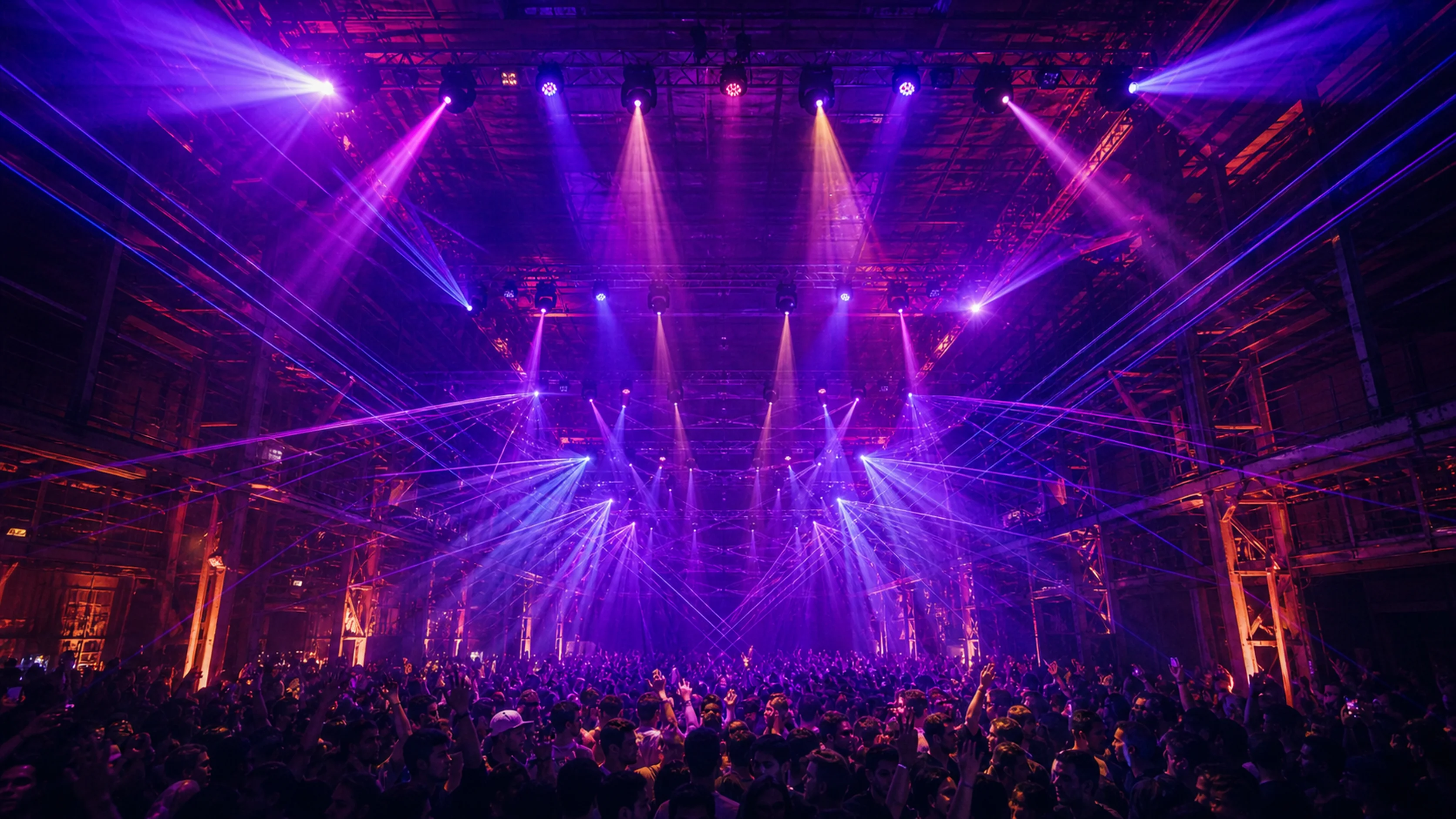 Wide shot of a warehouse event — moving heads casting blue and purple beams across haze, lasers crossing the crowd