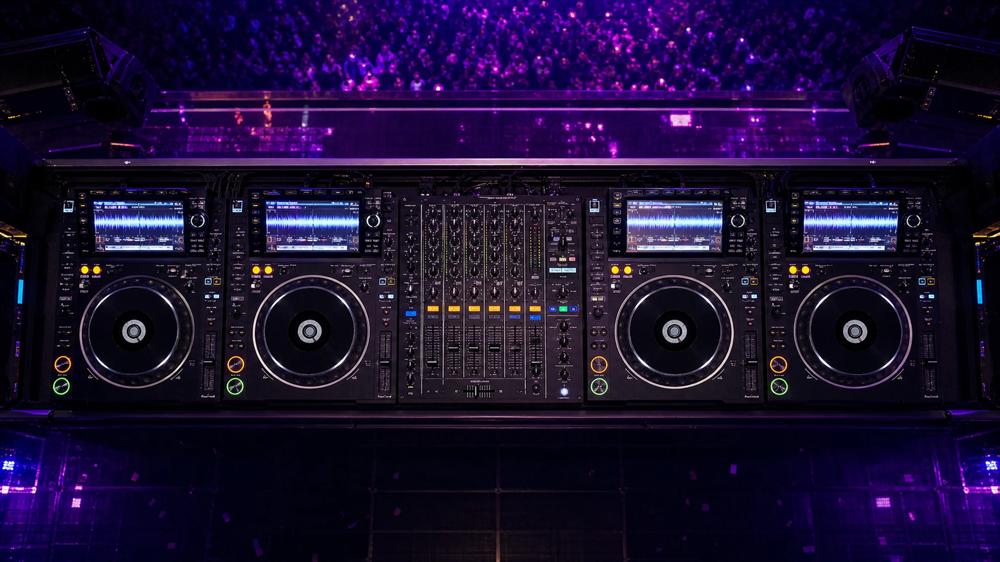Top-down view of festival-grade DJ backline — central mixer, two CDJs left, two CDJs right, line arrays flanking